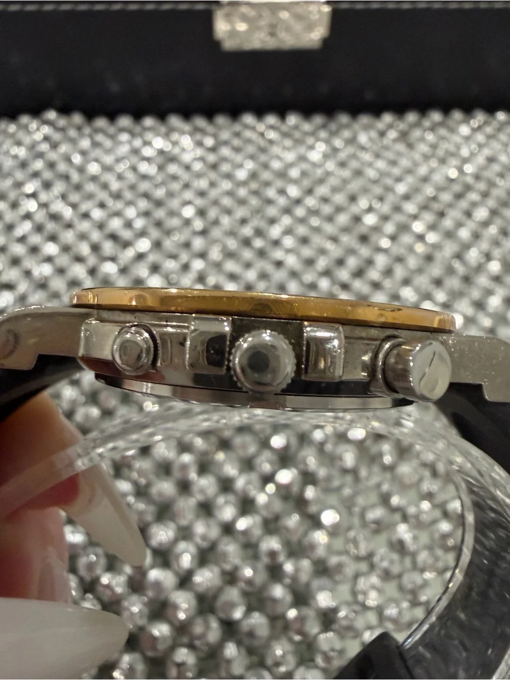 Seiko White Dial Watch with Gold-Tone Accents and Black Strap